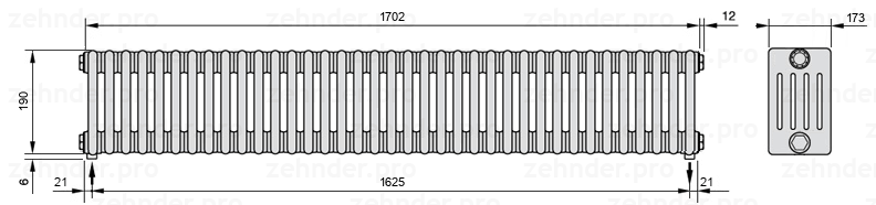 Схема (чертеж) Радиатор Zehnder Charleston 5019/37 №3570 Белый глянцевый RAL 9016